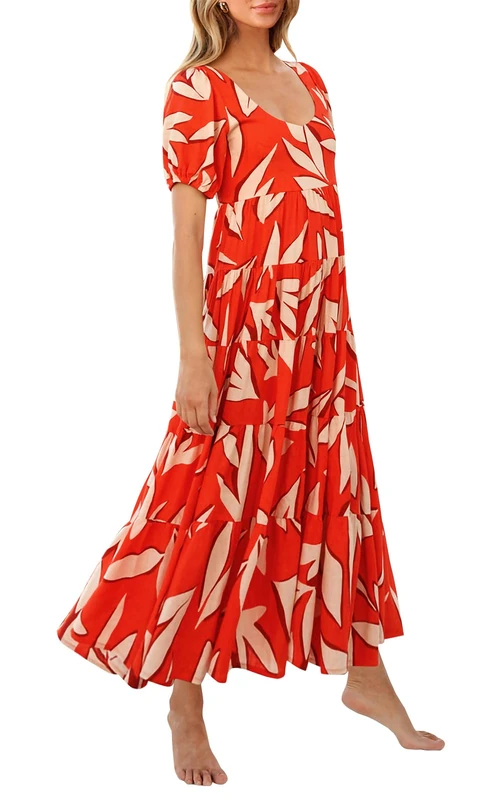 PRETTYGARDEN Womens Dresses 2024 Puff Sleeve Floral Casual Summer Dresses Smocked Backless Beach Flowy Tiered Maxi Dress, F-Orange White, L