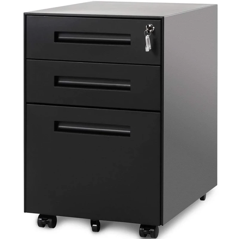Merax Lockble Filing Cabinet 3 Drawers with Embedded Handle, Black, 41x52x60 cm