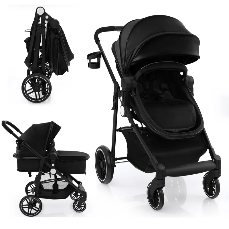 GYMAX Foldable Baby Stroller with Adjustable Backrest & Canopy (Black)