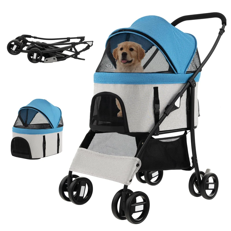 GYMAX Folding Pet Stroller, 4-Wheel Portable Pet Travel Pushchair with Adjustable Canopy, Safety Belt, Storage Basket & Zippered Mesh Entry, Travel Carrier Carriage for Dogs & Cats (Gray+Blue)