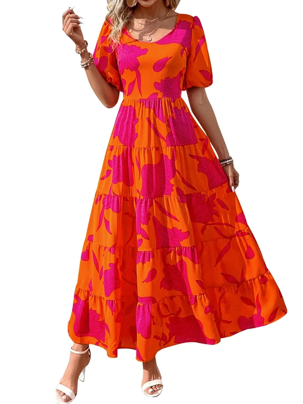 PRETTYGARDEN Womens Dresses 2025 Puff Sleeve Floral Casual Summer Dresses Smocked Backless Beach Flowy Tiered Maxi Dress, F-Orange Rose Red, XL