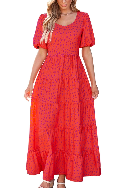 PRETTYGARDEN Womens Dresses 2024 Puff Sleeve Floral Casual Summer Dresses Smocked Backless Beach Flowy Tiered Maxi Dress, B-red, L