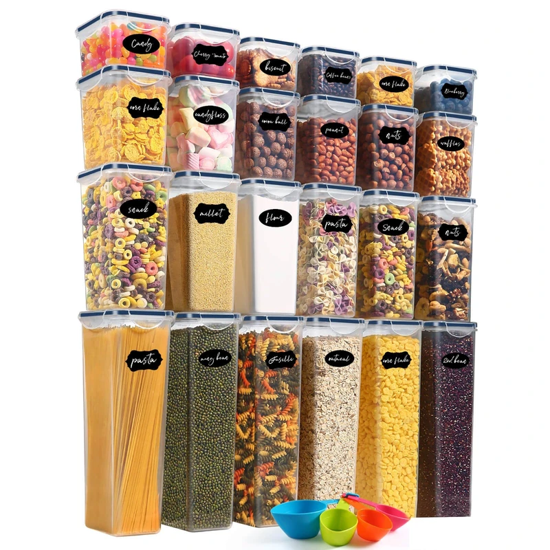 YASHE 24Pack Food Storage Containers with Lids Airtight, Plastic Cereal Storage Containers, BPA Free Kitchen Storage & Organisation for Dry Food, Pasta, Flour & Sugar, with Labels, Marker & Spoon