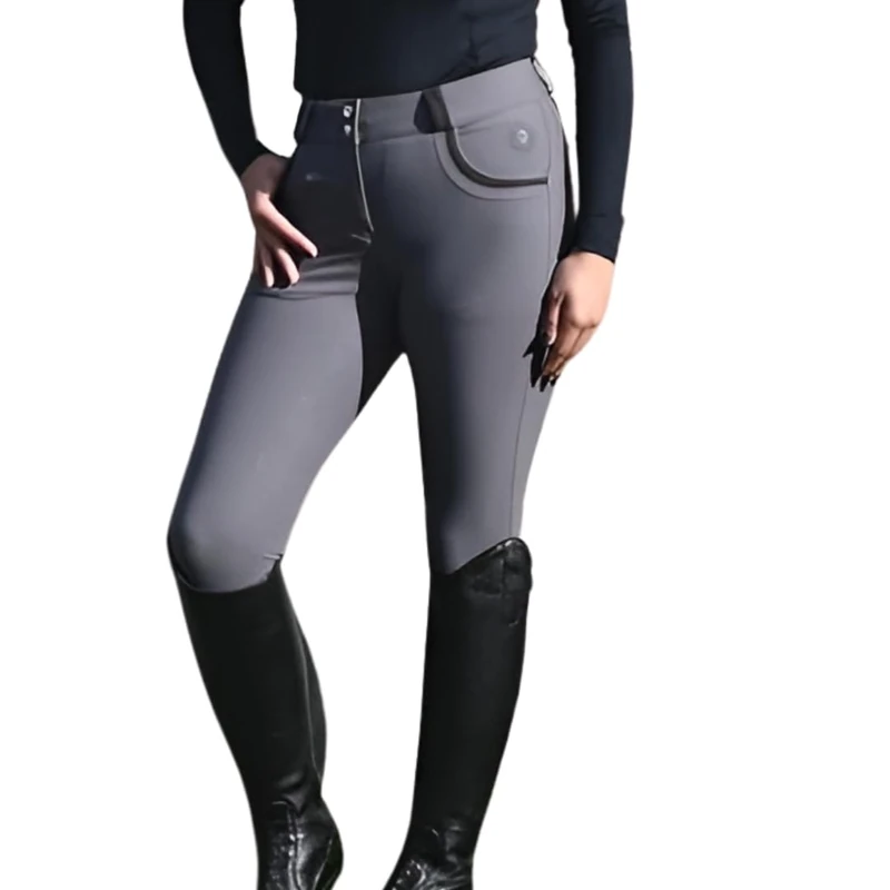 Rhinegold PRO-Stretch Ladies Horse Riding Breeches - Full Seat Silicone Grip with Pockets - Equestrian Sport Jodhpurs/Tights, Size 32, Grey