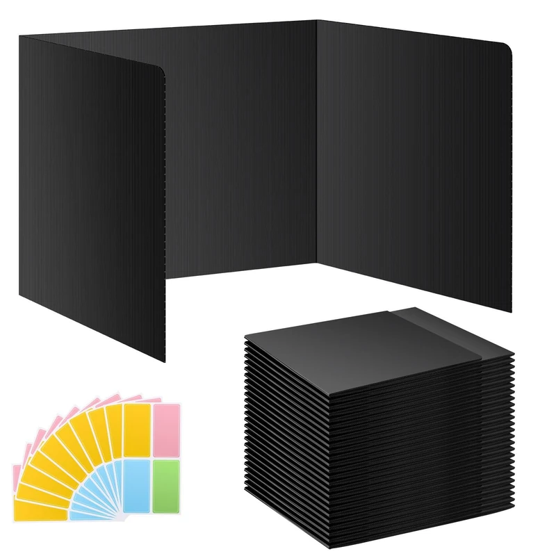 24 Pack Black Waterproof Privacy Shields for Student Desks, Privacy folders for Student Testing Desk dividers- Includes Extra Labels
