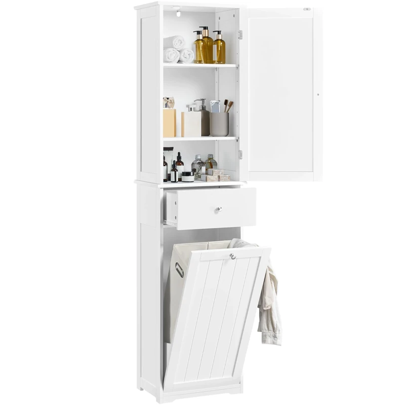 Yaheetech Tall Bathroom Cabinet with Laundry Basket, Tilt-Out Laundry Hamper with Upper Storage Cabinet, White, 180cm High