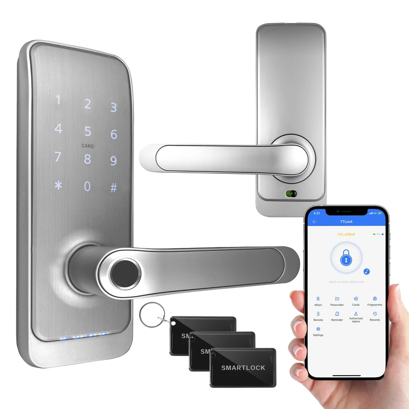 EURA ELH-01H4 Smart Door Lock with Handle Code Lock 13.56MHz Proximity Reader Biometric Reader IP65 Universal Deadbolt Spacing Silver