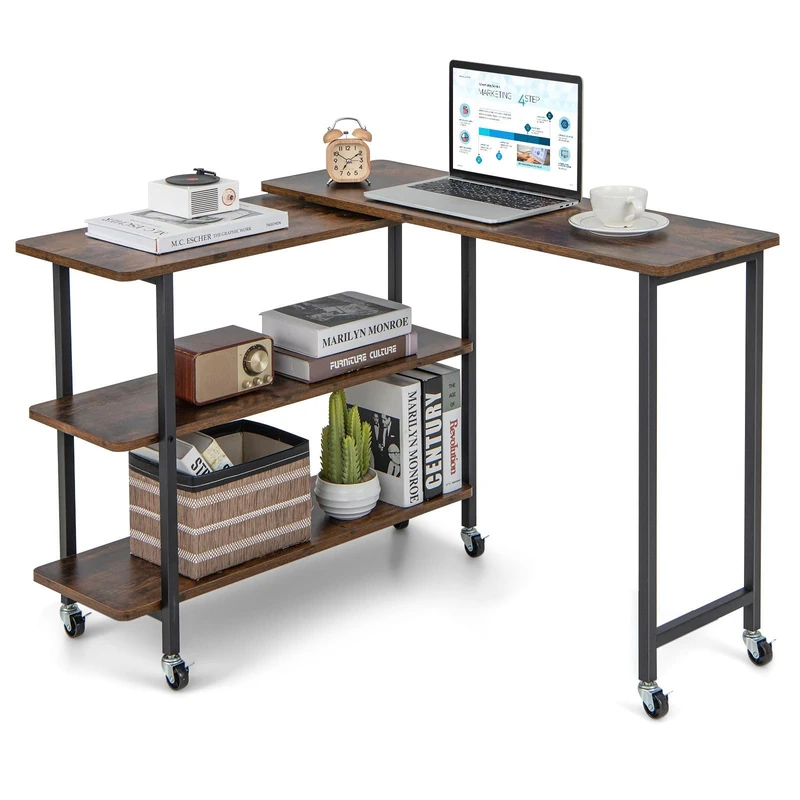 CASART Sofa Side Table, L-Shaped Computer Corner Desk with Wheels &Storage Shelves, 360 Degree Rotating Space Saving End Table for Home Office Living Room Bedroom (Rustic Brown, 140 x 30 x 69cm)