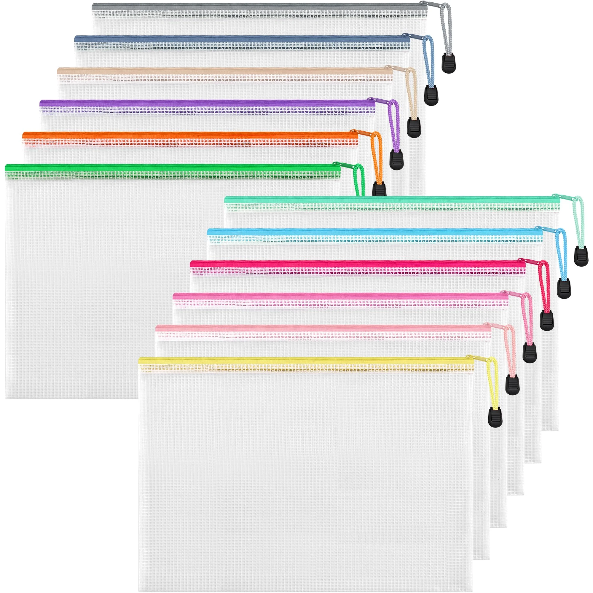 HEETA Plastic Wallets A4, 12 Pack Strong Zip Lock Bags Waterproof Plastic Zip Folders Document Wallet with Secure Zippers for Office School Homework Travel Storage, 12 Colors