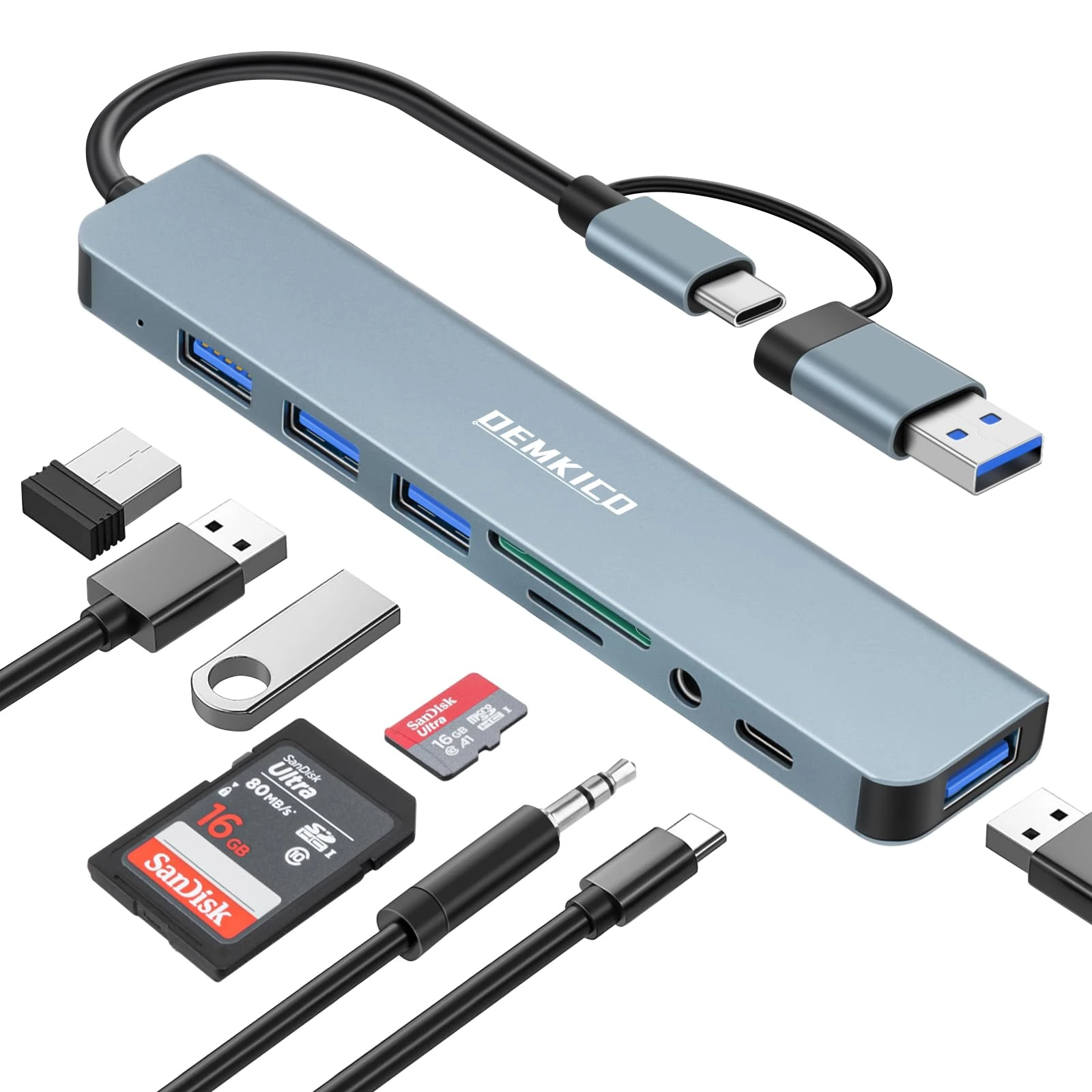 DEMKICO 8 in 1 USB C Hub, USB C Adapter with 4 USB Ports, SD/TF Card Reader, 3.5mm Headphone Jack, USB C Data Port, Compatible with MacBook Pro/Macbook Air/XPS/Tablet/Smartphones and More
