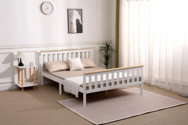 Starlight Beds Somnium Premium Improved & Stronger Design Solid Pine White Shaker Wooden Bed Frame, White/Natural Top, Size King 5ft