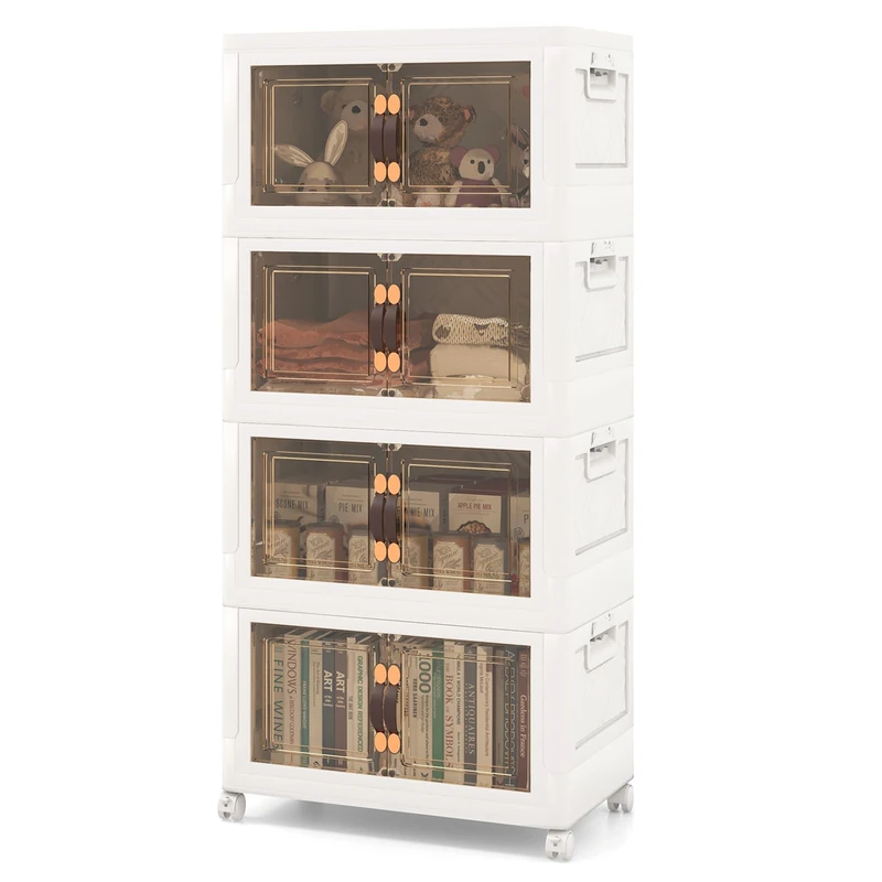 CASART 4-Pack 170L White+brown 5-Tier Plastic Storage Boxes with Lids, Magnetic Doors & Wheels, Stackable Storage Bins Collapsible Organizer for Bedroom, Living Room, Entryway