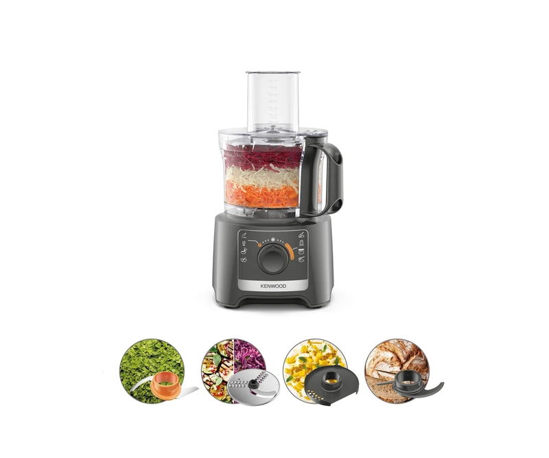 Kenwood Multipro Compact FDP31.020GY Model 2023, Robot Kitchen Chopper with 2 Processing Speeds + Pulse, 2.1L Bowl, Electric Vegetable Cutter for Choping, Grating, and Kneading, 800W