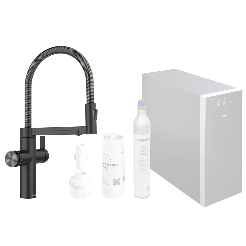 BLANCO Choice Icona | Kitchen Mixer tap in Stainless Steel Black matt | All-in-one tap | Chilled Still, Medium, Sparkling & Boiling hot Water | Incl. app for Personalization | [17x25x45 cm]