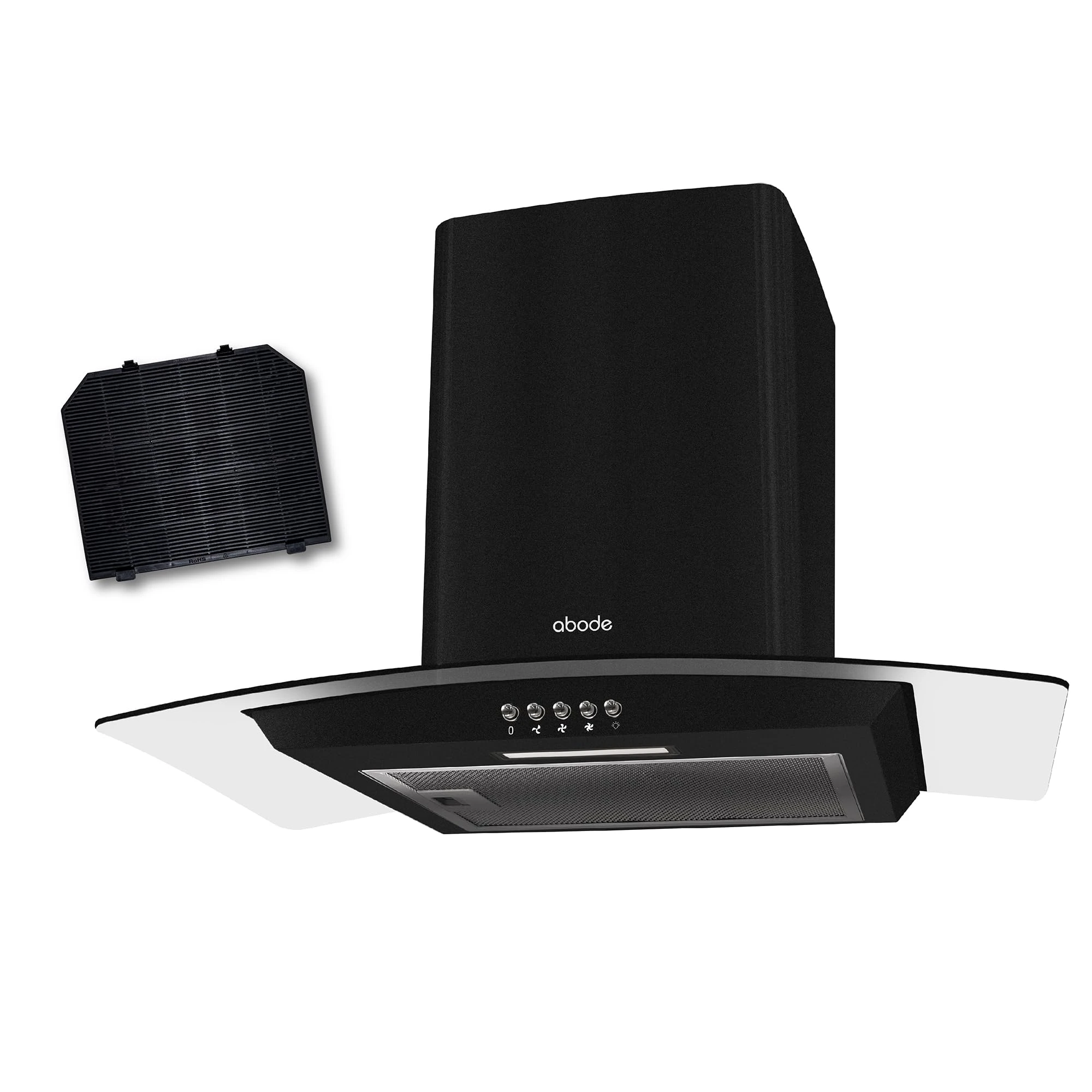 Abode Chimney Cooker Hood 60cm Curved Glass Black Extractor Hood & Recirculation with 1x Carbon Filters, Wall Mounted Range Hood Extractor Fan, 3 Speed Settings, AGCH6031B (Black)