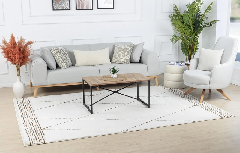 Livabliss Hvar Geometric Rug - Scandi Area Rugs Living Room 200x275 cm, Dining, Kitchen - Neutral, Abstract Patterned Rugs, Boho Style, Easy Care Pile - Large Rug, Ivory and Brown