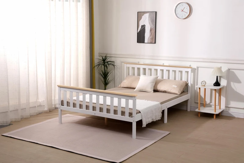 Starlight Beds Somnium Premium Improved & Stronger Design Solid Pine White Shaker Wooden Bed Frame, White/Natural Top, Size Double 4ft6