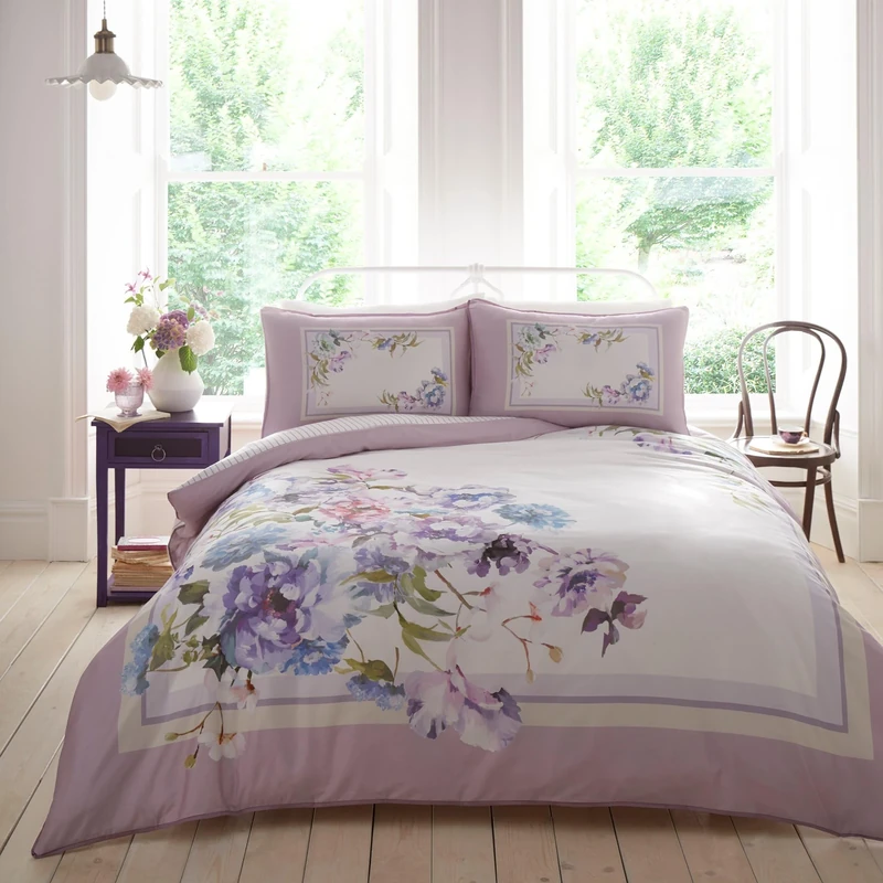 Appletree - Purple Lilac Floral Duvet Cover - King Bedding Size (230 x 220cm) - Reversible Designs - Soft 100% Cotton - 200 Thread Count - 2 Pillowcases - Botanical Flower Bedding in Purple