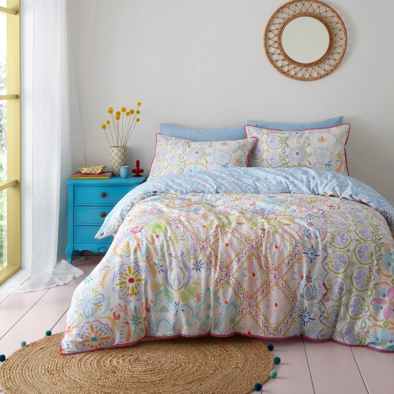 Appletree - Rainbow Paisley Duvet Cover - Super King Size (260 x 220cm) - 100% Cotton - 2 Pillowcases - Pink Piped Edge - Multi-Coloured Botanical Flower Bedding - Pastel Bohemian Style