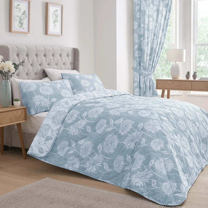 Dreams & Drapes Blue Chrysanthemum Bedspread 230x200cm – Reversible Floral Quilt – Soft Touch Vintage Bedding – Light Blue Quilted Bedspread – Botanical Bedroom Throw – 100% Polycotton Cover - Image 1