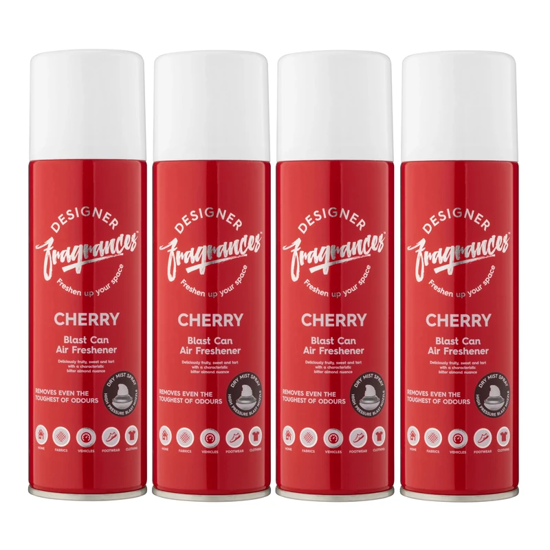 Designer Fragrances 4 Pack Classic Cherry Air Freshener Blast Cans - For Home & Vehicles – Natural Oils, Luxury Lasting Smell, Dry Mist Quick Release Spray – Deodorise & Neutralise Odours – 300ml