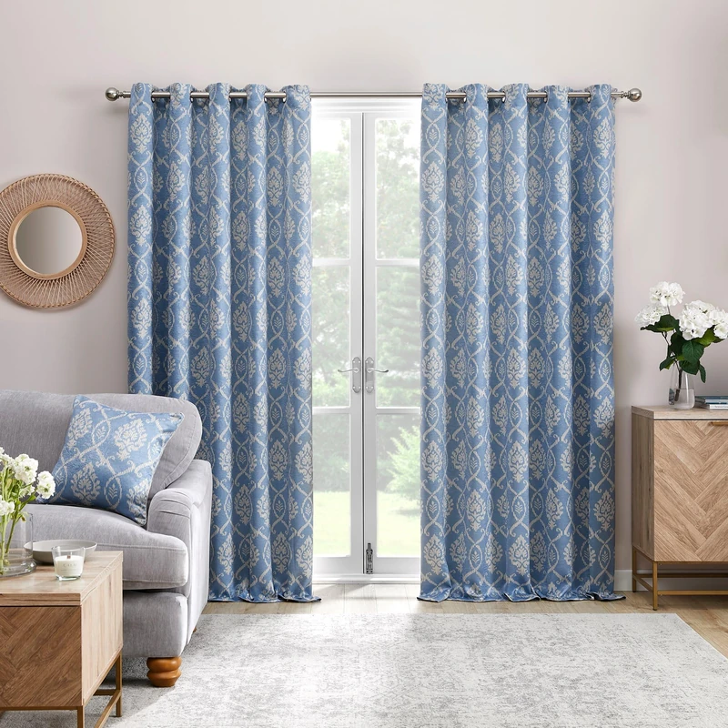 Dreams & Drapes - Blue Damask Curtains W66 x L90" (168 x 229cm) - 2x Panels - Blue Floral Eyelet Curtains & Drapes for Bedroom and Living Room - Delft Curtains in Blue & White