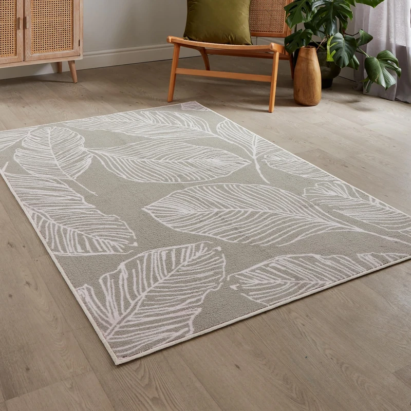 Fusion - Natural Tropical Leaf Rug (180 x 120cm) - Low Pile, Hypoallergenic, Machine Washable, Non-Slip - Cream With Botanical Leaves for Living Room & Bedroom - Image 1