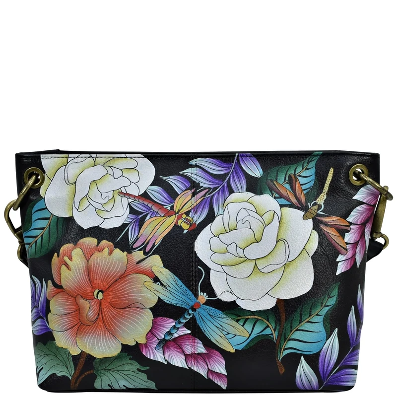 Anna by Anuschka Women Original Leather Hand-Painted Shoulder Bag, Magical Dragonflies Black, One Size