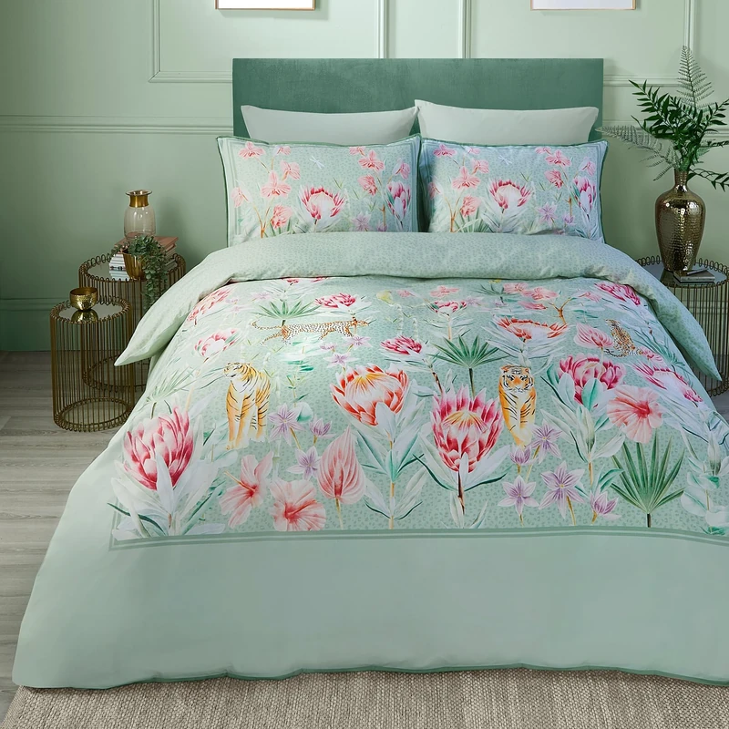 Soiree - Green Floral & Tiger Duvet Cover - King Bedding Size (230 x 220cm) - Premium Quality 500 Thread Count - Reversible Designs - Cotton Sateen Duvet Sets - 2x Pillowcases - Luxury Bedding