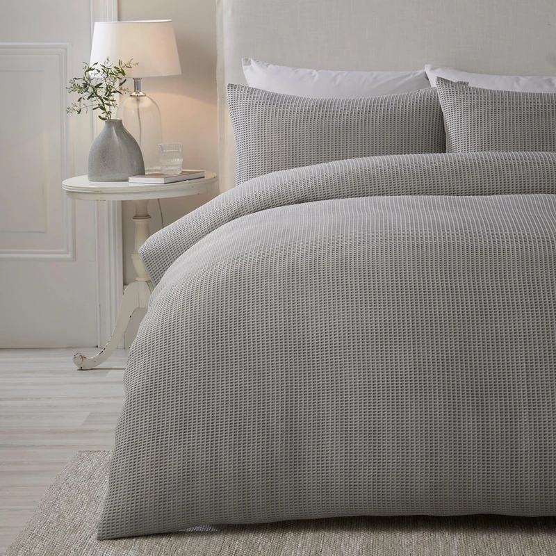 Lindly Serene - Silver Waffle Duvet Cover, Super King Bedding Size, Soft Touch, Grid Pattern, 260 x 220cm