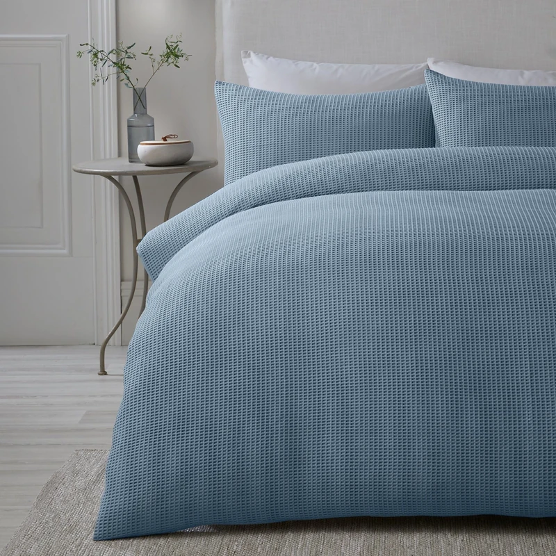Serene Blue Waffle Duvet Cover – Super King 260x220cm – Soft Touch Textured Bedding – Grid Pattern – Lindly Collection