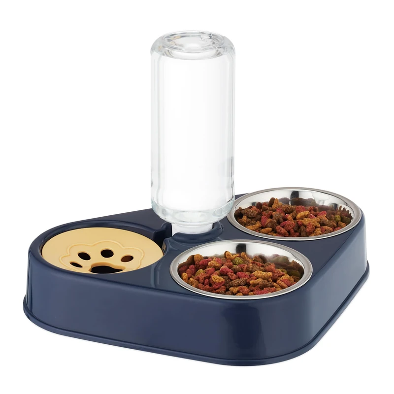 Relaxdays Double Bowl with Water Dispenser, Cats & Dogs, 500ml Bottle, Stainless Steel, 25 x 28.5 x 20 cm, Blue/Silver