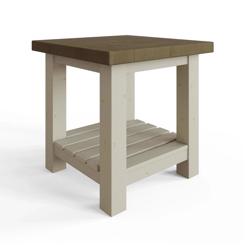 FWStyle Reclaimed Pine Side Lamp Table with Driftwood Top and Truffle Painted Base, Rustic Farmhouse Shabby Chic Accent Table with Shelf Storage, Solid Wood Furniture, 50 x 50 x 50cm