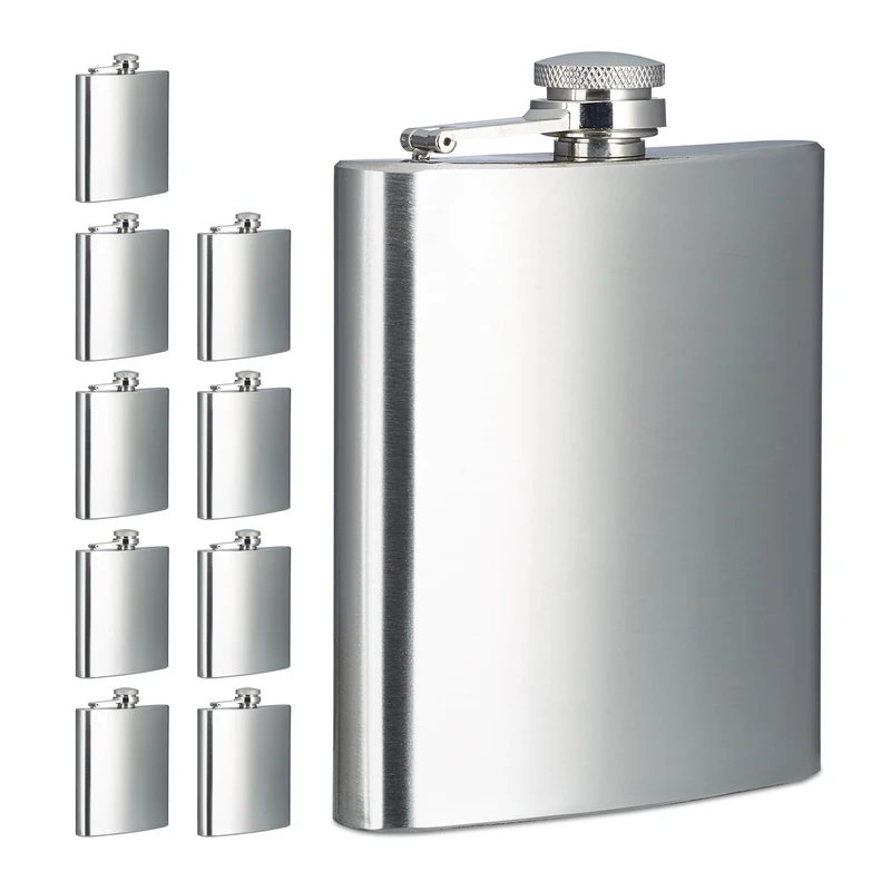 Relaxdays 10x Hip Flask, 200ml Each, Stainless Steel, Beverages to go, Fits in Pocket, HWD: 12.5 x 9.5 x 2.5 cm, Silver