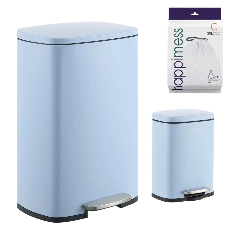 happimess HPM1006H Connor Rectangular 13-Gallon Trash Can with Soft-Close Lid and Free Mini Trash Can, Fingerprint Resistant, Modern, Minimalistic for Home, Kitchen, Office, Bathroom, Tide Pool Blue