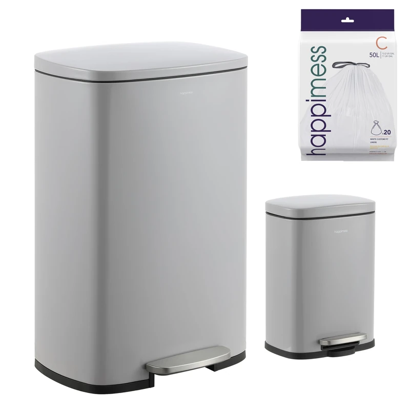 happimess HPM1006I Connor Rectangular 13-Gallon Trash Can with Soft-Close Lid and Free Mini Trash Can, Fingerprint Resistant, Modern, Minimalistic for Home, Kitchen, Office, Bathroom, Fog Gray