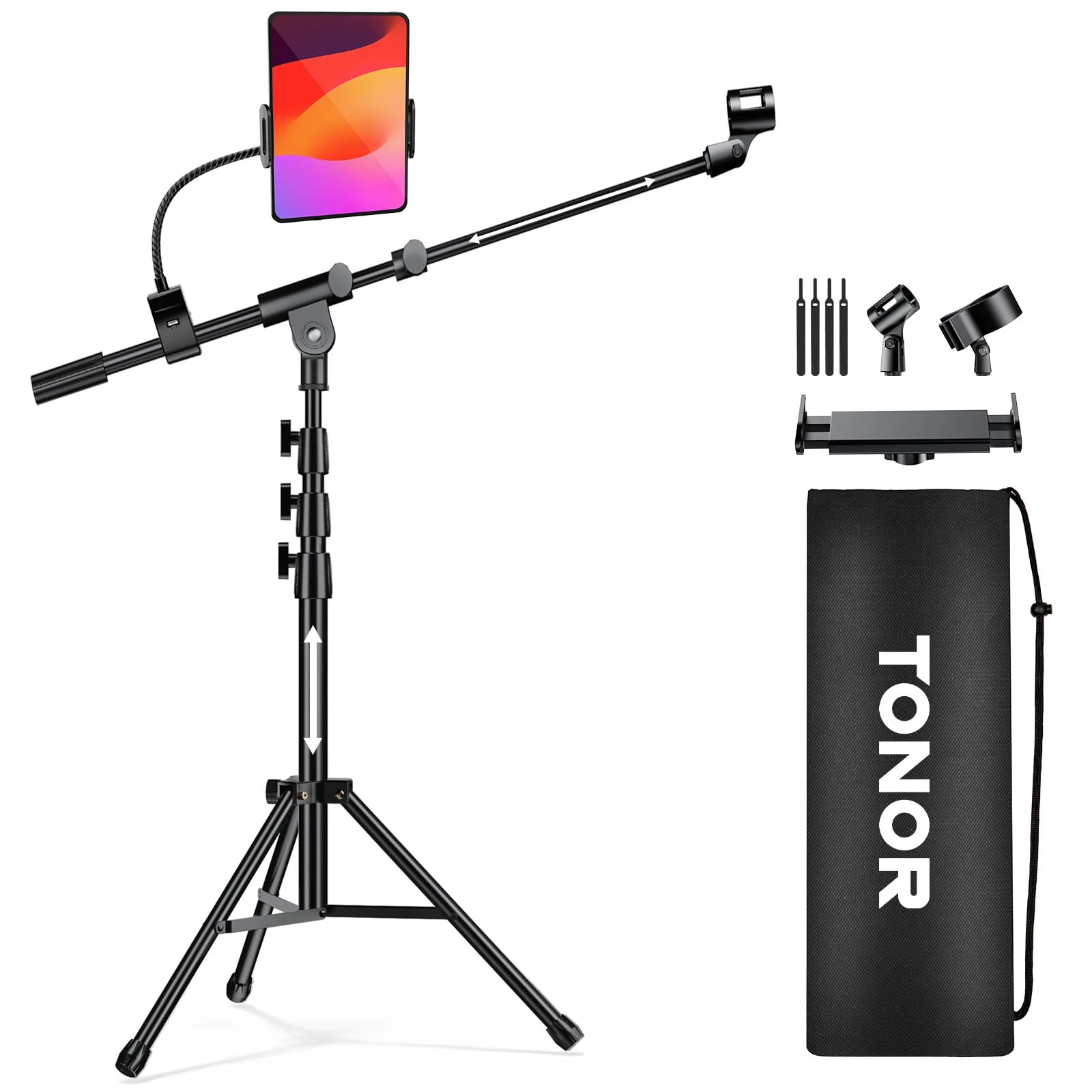 TONOR Microphone Stand with Tablet Holder, Tripod Boom Arm for Floor, Adjustable Height and Angle, Heavy Duty Stand with Carrying Bag, Phone and Pad Clamp, Excellent Compatibility, T35