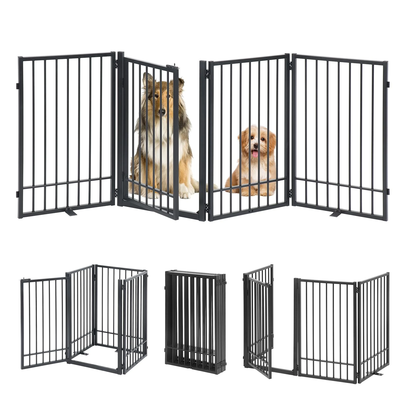 HIDOG Metal Freestanding Dog Gate with Door, Extra Wide 205cm, Height 78 cm Foldable Dog Gates for Doorways, Tall Pet Fence Indoor Outdoor Pet Gates, 4 Panels Pet Barrier for Stairs Hallways, Black