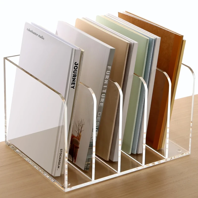 SANRUI Magazine File Holder, File Sorter Book Holder with 5 Vertical Compartments, Acrylic Desk Organizer for Document File Folder Holder, Desk File Organiser for Office Organization and Storage