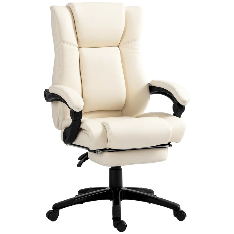 Vinsetto Executive Office Chair for Home, PU Leather Computer Chair, Swivel Desk Chair with Footrest, Wheels, Adjustable Height, Cream White