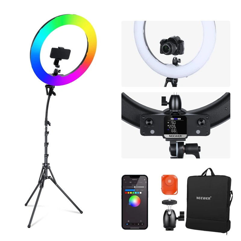 NEEWER 18 Inch RGB LED Ring Light APP Control with Tripod Stand Phone Holder Compatible with iPhone for Selfie Makeup Lash Studio Streaming Video Recording Lighting, 42W Ringlight Dimmable, RGB18 II