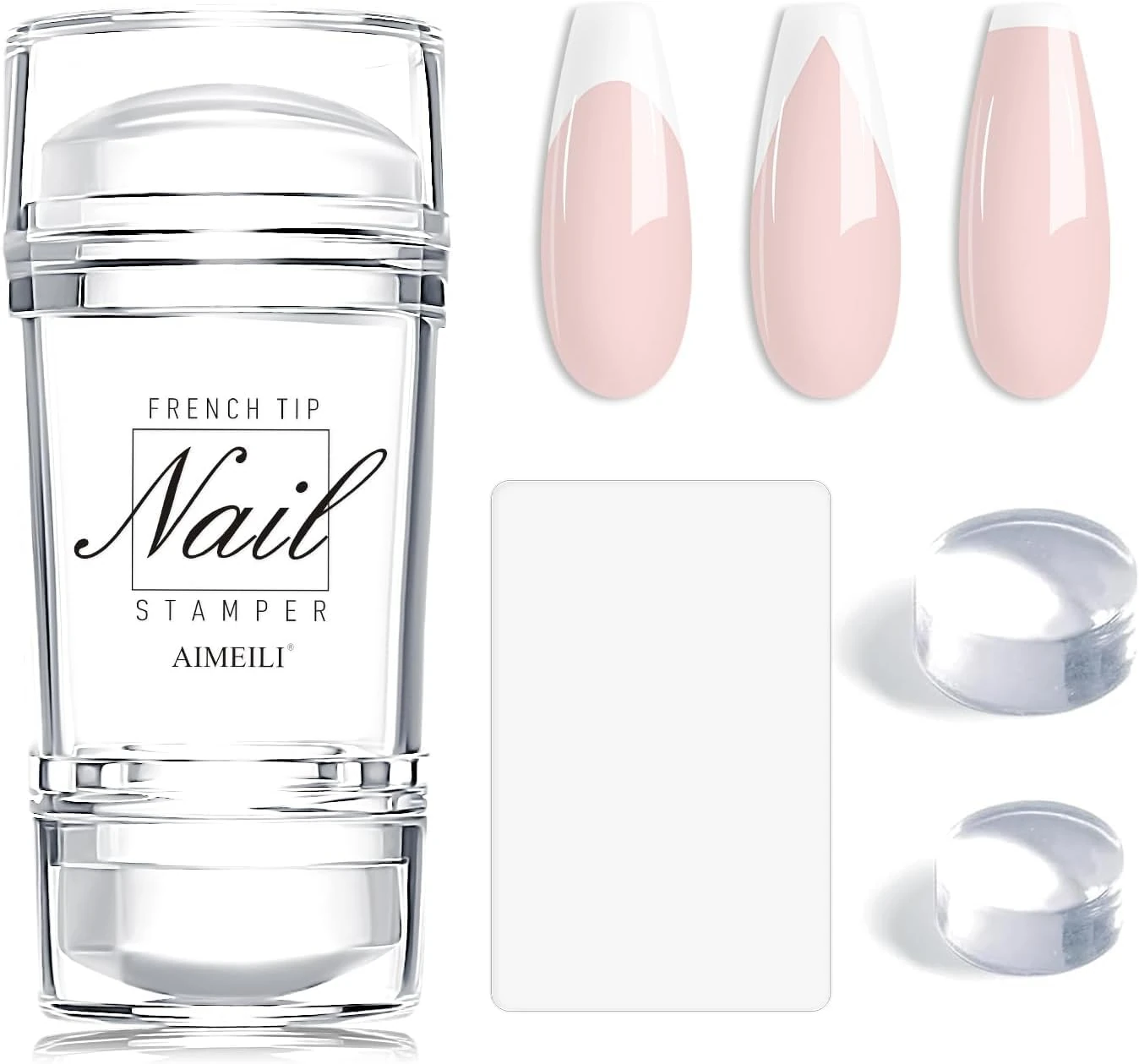 AIMEILI French Tip Nail Stamp - 4PCS Nail Art Stamper Kit Clear Nail Stamper Silicone Nail Stamping Double-headed Jelly Stamper for Nails with Scrapers for French Manicure Home DIY Nail Salon