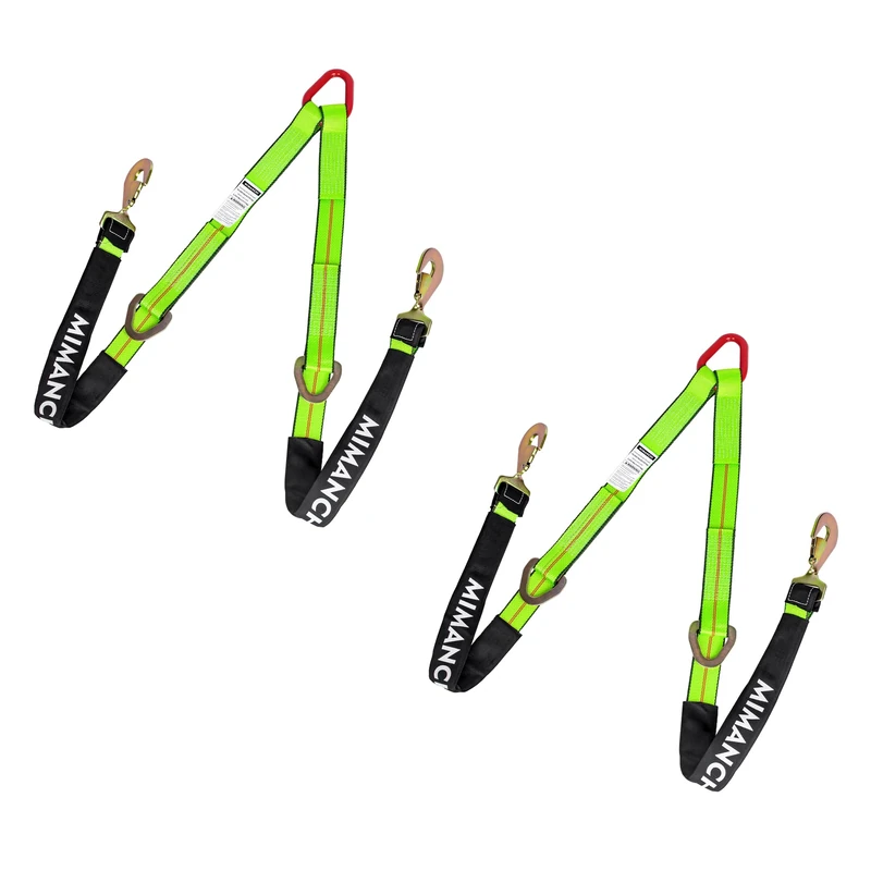 Mimanchi Axle V-Bridle Strap 2" x 4',2 Pack, Heavy Duty Recovery Tow Strap with w/Snap Hooks,Cordura Sleeve,D Ring Middle,for Car Hauler,Rollback,and Flat Bed,Tow Truck