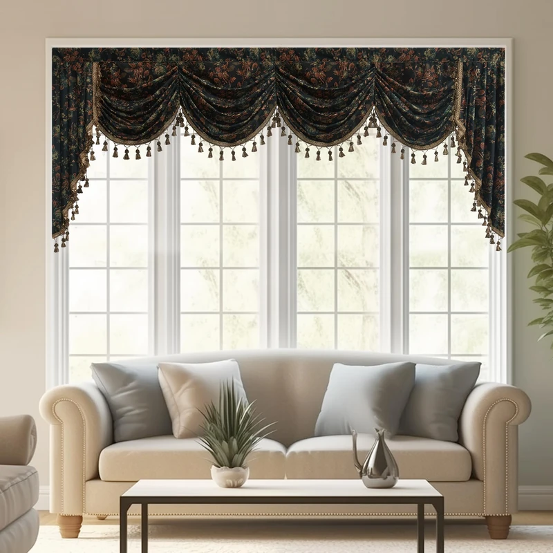 StangH Print Floral Black Waterfall Valance Curtain Soft Velvet Room Darkening Window Drapes Extra Wide Luxury Tier Curtain for Kitchen Dining Room Bay, W110 inches, 1 Panel