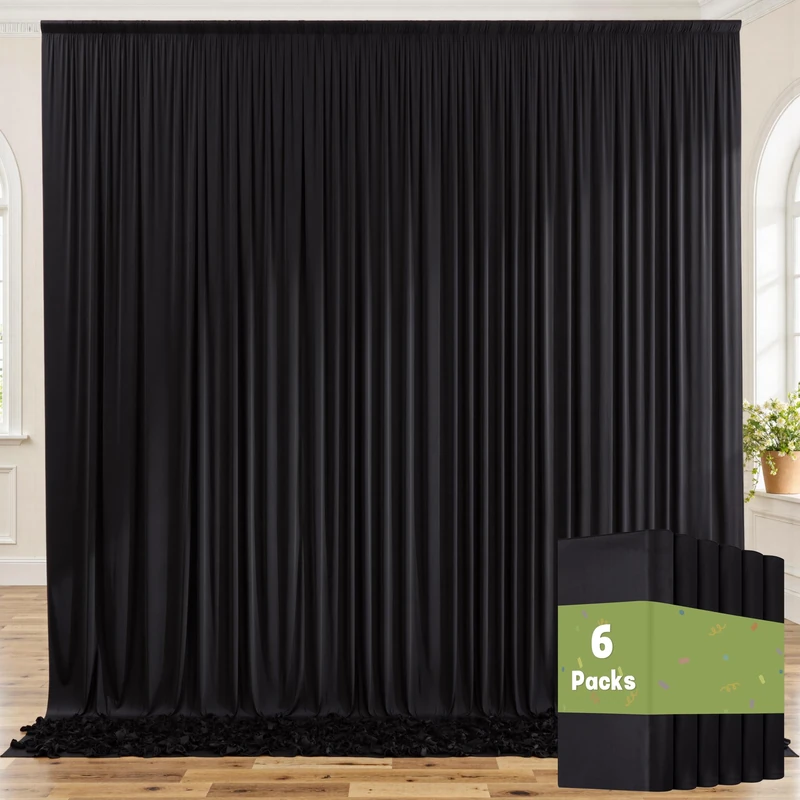 NSSONBEN 30ft x 8ft Wrinkle Free Black Polyester Backdrop Curtains for Parties, 6 Panels, Wedding, Baby Shower, Birthday Party