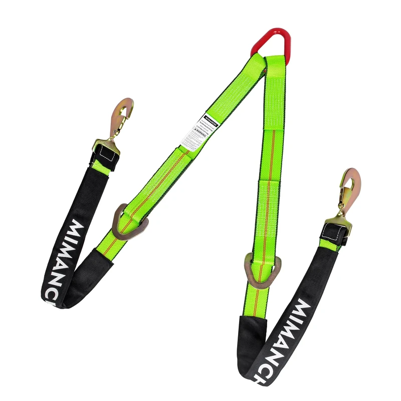 Mimanchi Axle V-Bridle Strap 2" x 4',1 Pack, Heavy Duty Recovery Tow Strap with w/Snap Hooks,Cordura Sleeve,D Ring Middle,for Car Hauler,Rollback,and Flat Bed,Tow Truck