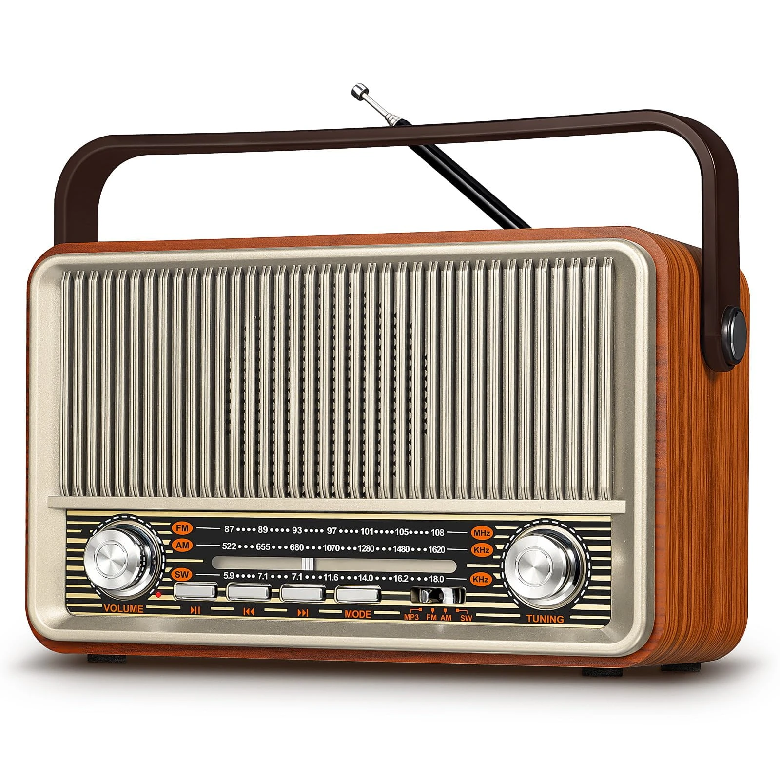 PRUNUS J-120 Retro Radio, AM/SW/FM Small Portable Radio, Mains and 1800mAh Rechargeable Battery Powered, Vintage Radio with 5W Bluetooth Speaker Loud, Supports USB/TF/BT5.0/AUX Function（light gold）
