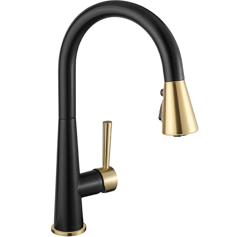 Kitchen Faucet with Pull Down Sprayer, Lava Odoro Matte Black and Brushed Gold Kitchen Sink Faucet, Black and Brass Faucet for Kitchen Sink with Magnetic Docking Spray Head and Deck Plate, KF321-GB