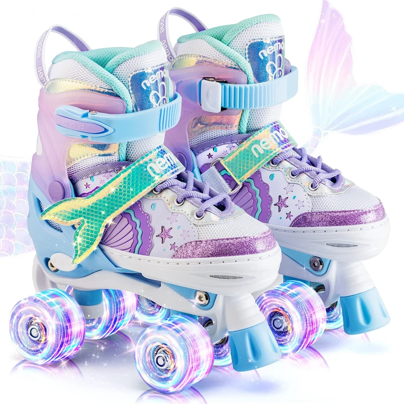 NEMONE Mermaid 4 Size Adjustable Roller Skates for Girls, Purple Blue Skates for Toddlers, Beginner Kids Roller Skates Indoor Outdoor, Large - (UK 4-5.5)