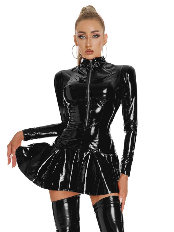 CHICTRY Women's Wet Look Leather Sexy Vinyl Mini Dress A-Line V-Neck Zipper Bodycon Party Dress 3# Black A S